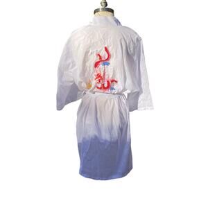 Vintage White S/M Kimono Embroidered Dragon Robe Lyre Bird